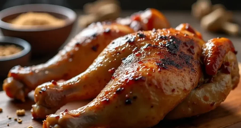 Close-up of smoked chicken legs and thighs with golden-brown crispy skin on a rustic wooden cutting board, surrounded by wood chips and a smoky background, with the title 'Smoked Chicken Legs and Thighs Carnivore Recipe' and 'roastcoastrecipes.com' at the bottom.