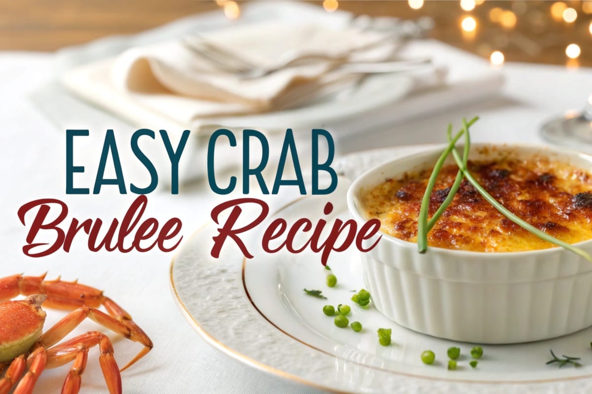 Easy Crab Brûlée Recipe: How to Make This Unique Appetizer in 2025 1 A golden caramelized crab brûlée served in a white ramekin, garnished with fresh chives and a lemon slice, placed on an elegant white plate with a luxurious kitchen setting in the background.
