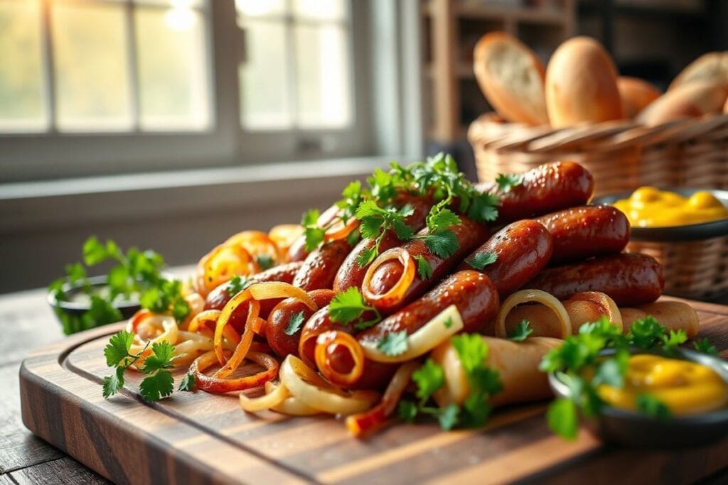 Georgia Smoked Sausage: 4 Expert Tips for Perfect Homemade Recipes 2 Fresh Georgia Smoked Sausage, crispy onions, and fresh cilantro on a rustic wooden cutting board