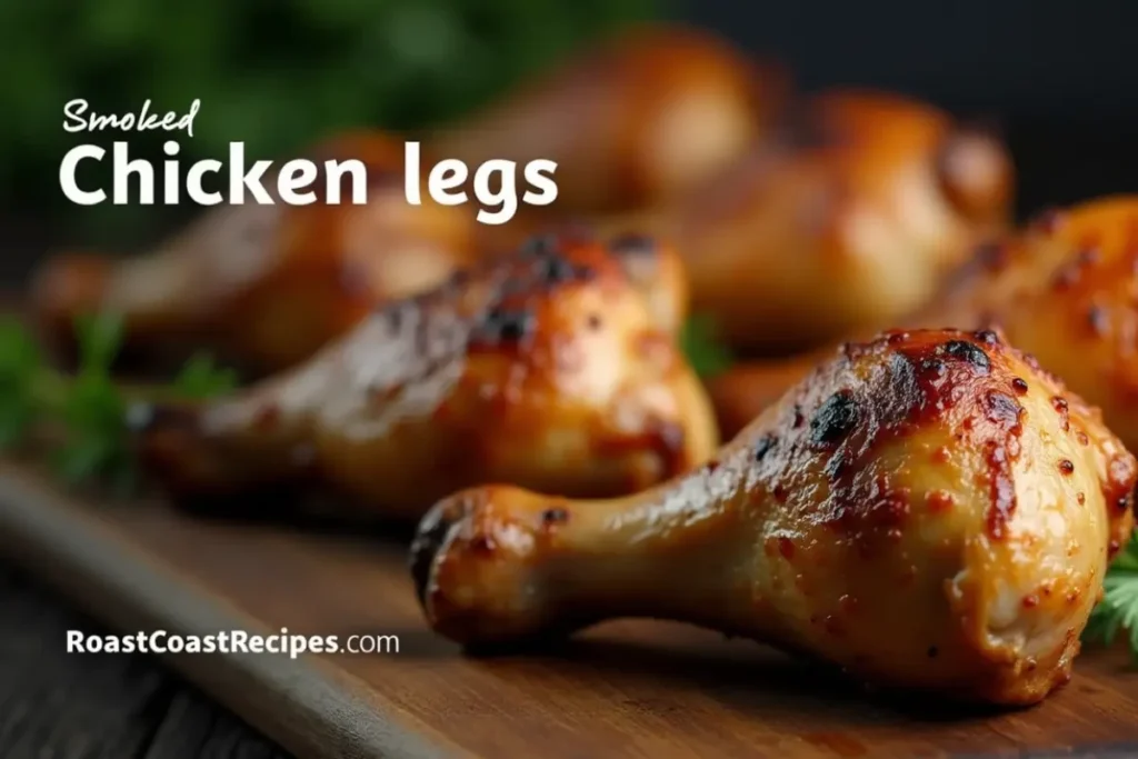 Delicious smoked chicken legs with a crispy exterior and tender interior, served with a side of BBQ sauce and fresh herbs. Tag: roastcoastrecipes.com