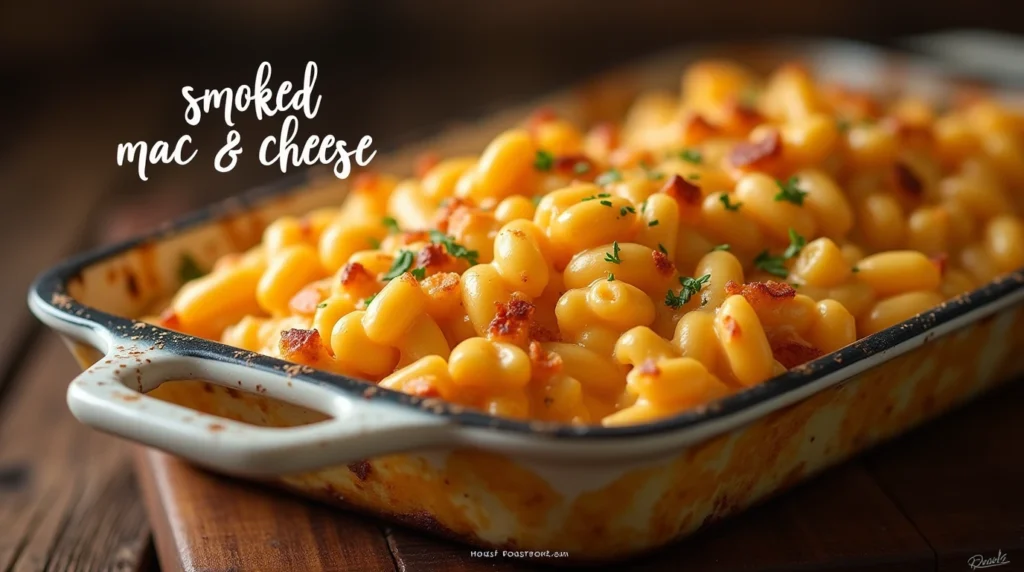 A mouthwatering shot of smoked mac and cheese, perfect for a comforting dinner, with a keyword-rich description.