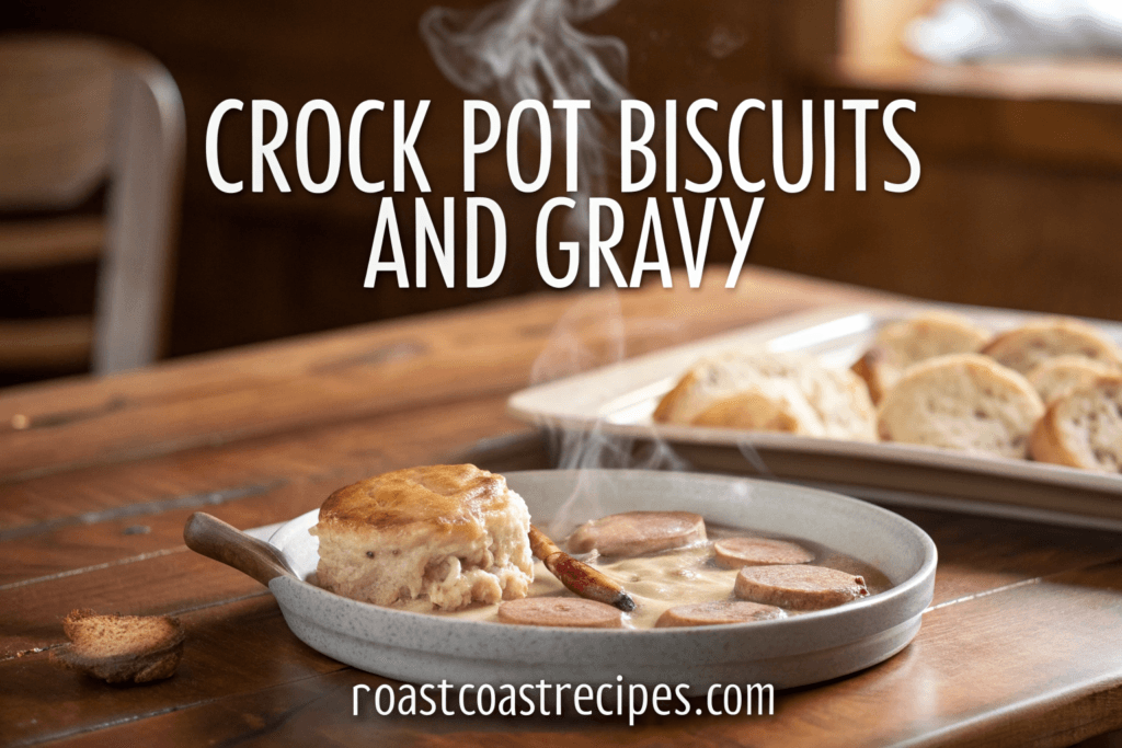 Delicious Crock Pot Biscuits and Gravy with sausage and gravy, perfect for breakfast or brunch, on a wooden table, from Roastcoastrecipes.com