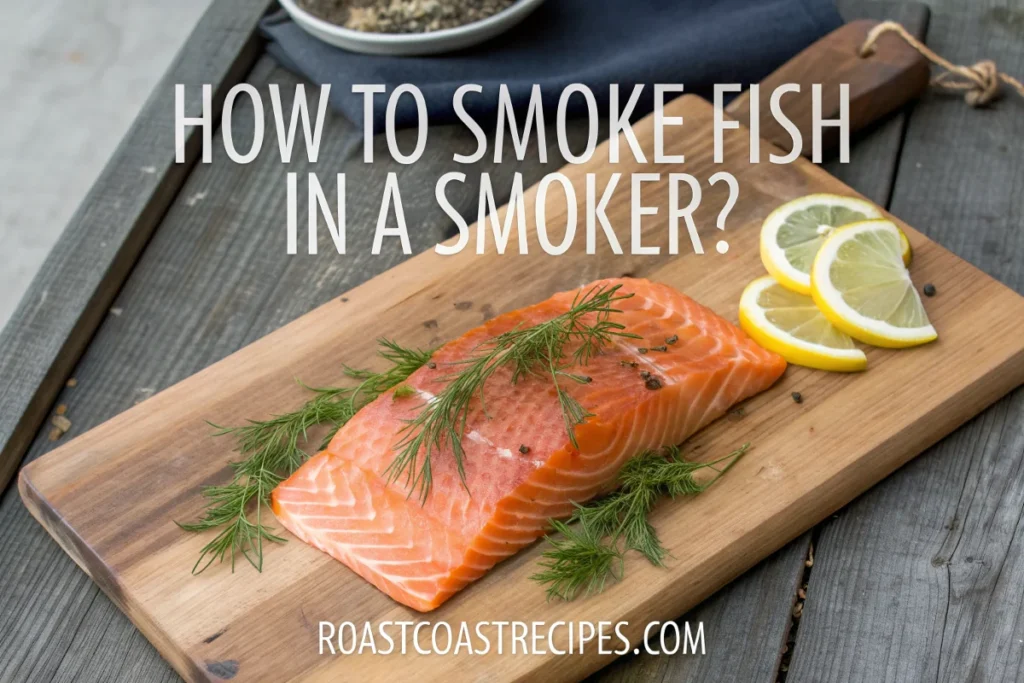 How to Smoke Fish in a Smoker: 4 Complete Success Recipes 2 A perfectly smoked salmon fillet on a rustic wooden cutting board, garnished with fresh dill and lemon slices, with a wooden smoker and smoked fish recipe in the background.