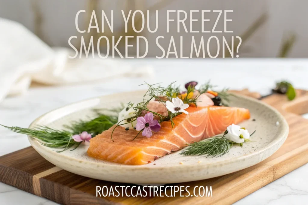 Smoked salmon on a plate with a question about freezing, from roastcoastrecipes.com