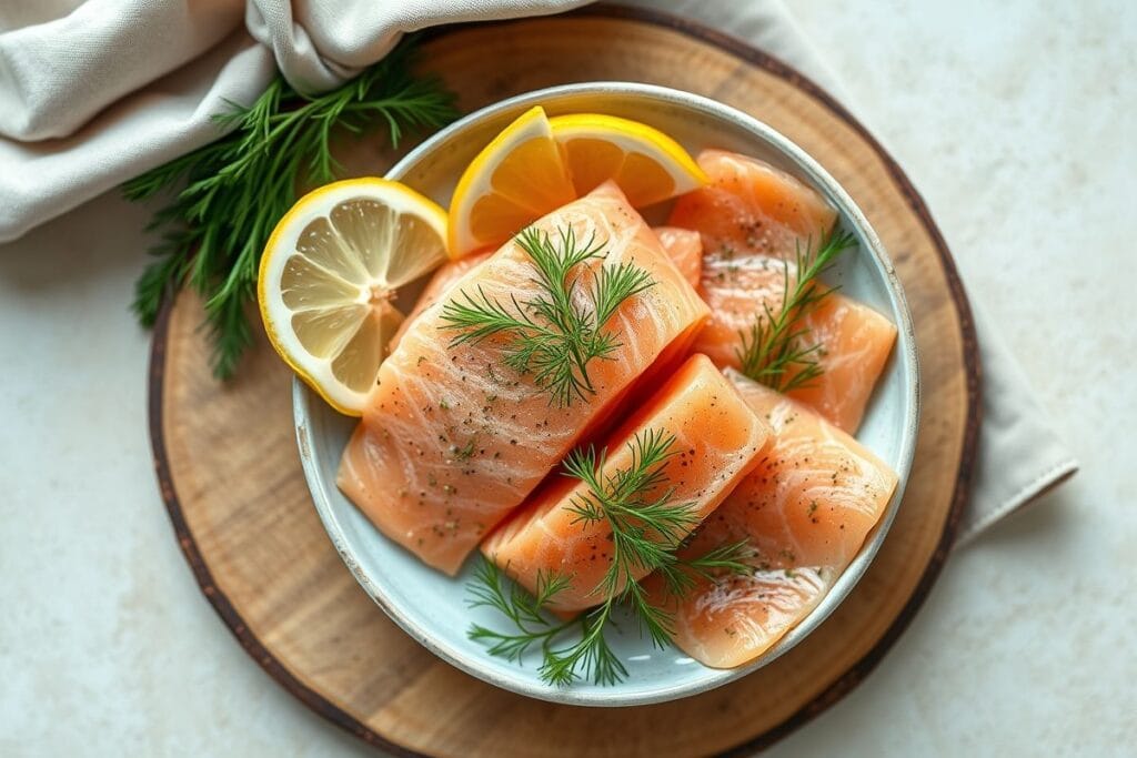 Can You Freeze Smoked Salmon? 4 Easy Ways to Preserve Quality 2 A plate of smoked salmon slices garnished with dill and lemon wedges, styled on a rustic wooden board.