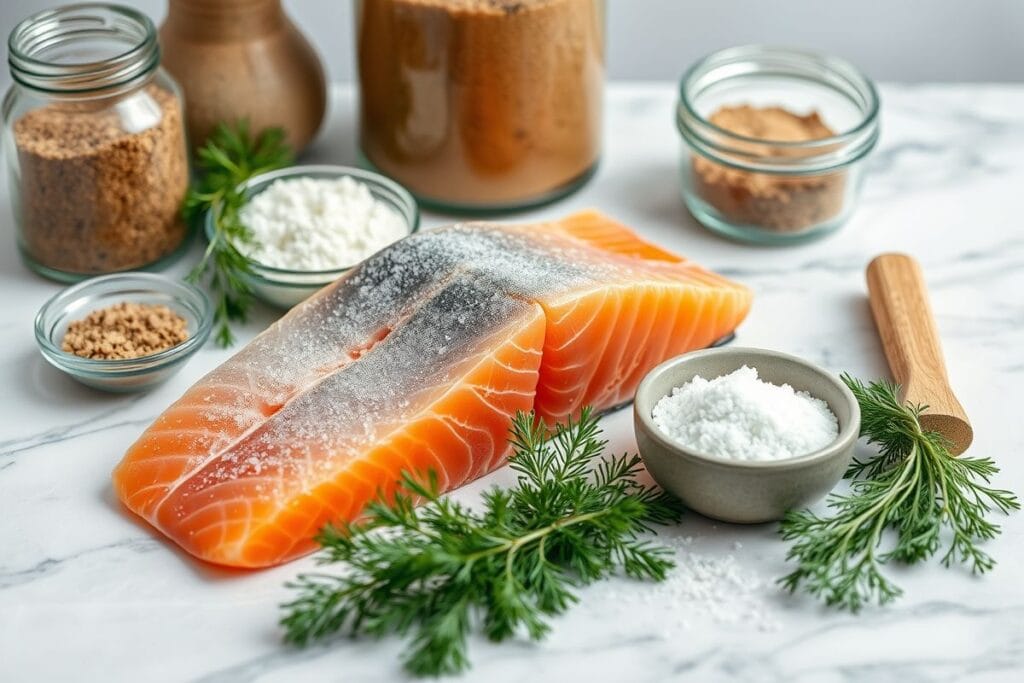 Can You Freeze Smoked Salmon? 4 Easy Ways to Preserve Quality 3 Fresh ingredients for preparing smoked salmon, including a whole salmon fillet, coarse sea salt, brown sugar, and fresh dill.