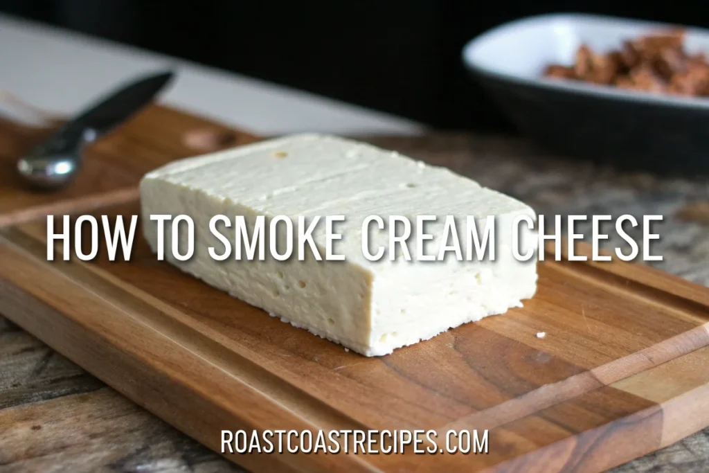 Image of smoked cream cheese on a wooden cutting board with text overlay "how to smoke cream cheese, how long to smoke cream cheese at 250" and a faint background of a smoker