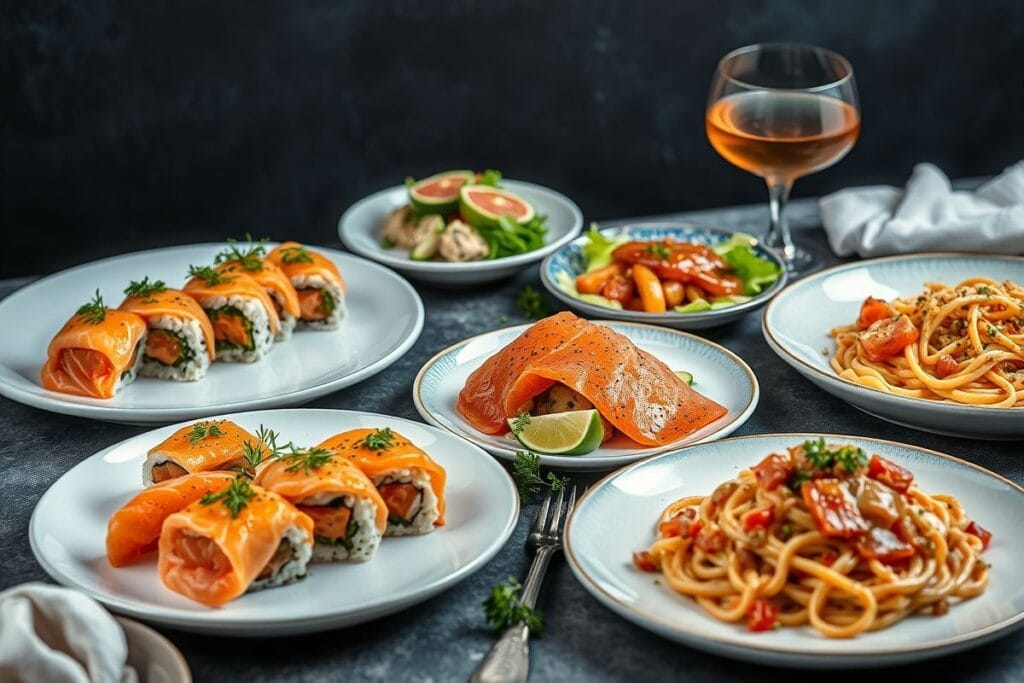 Can You Freeze Smoked Salmon? 4 Easy Ways to Preserve Quality 4 A variety of smoked salmon dishes, including sushi rolls, a salad, and a pasta dish, beautifully plated.