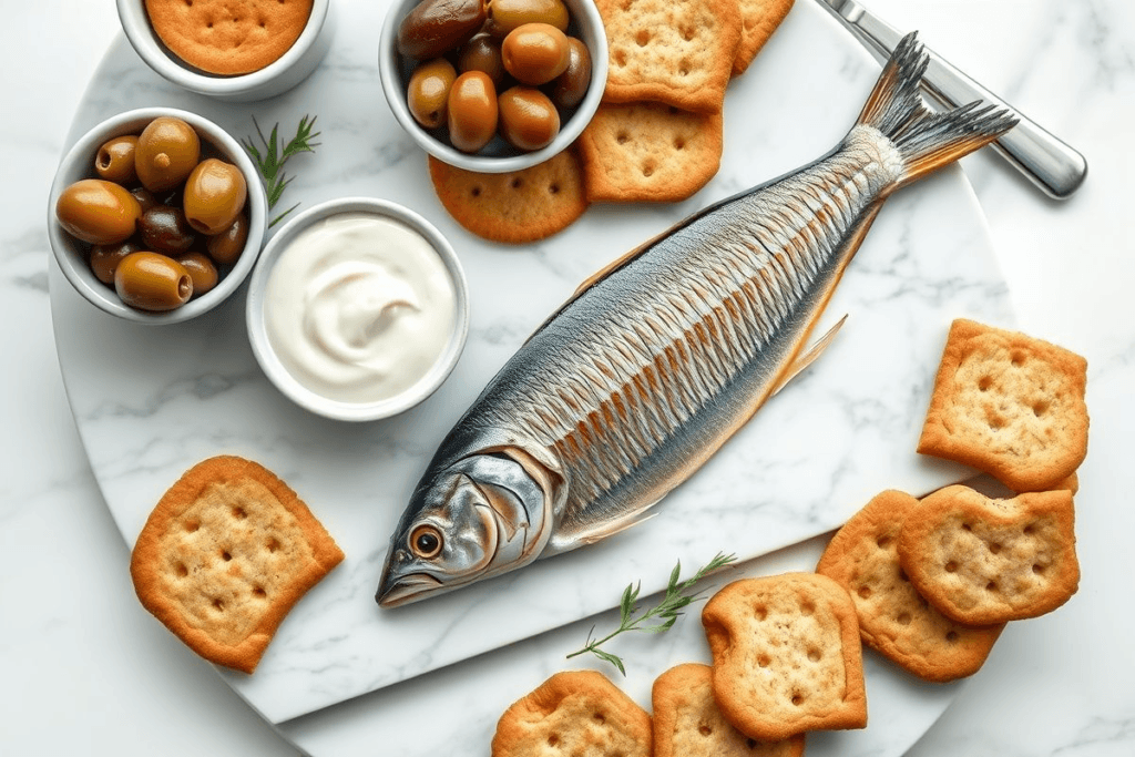 Mackerel Cold Smoked: Foolproof Guide to Making at Home 4 A charcuterie board featuring cold-smoked mackerel, crackers, olives, capers, and creamy dip on a marble surface.