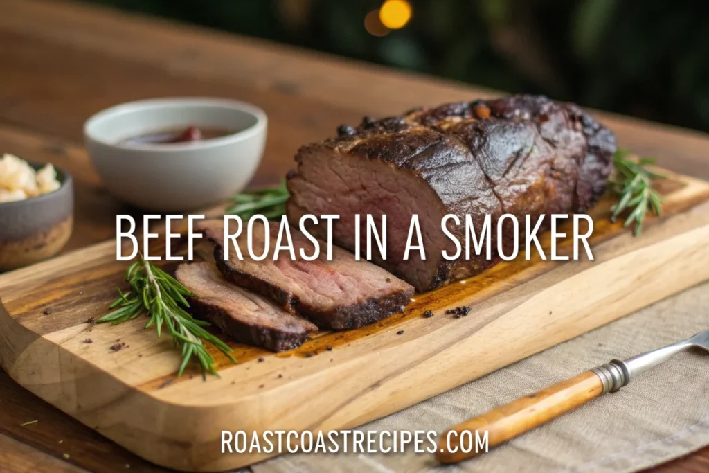 Slow-cooked beef roast in a smoker, garnished with rosemary and smoked bacon