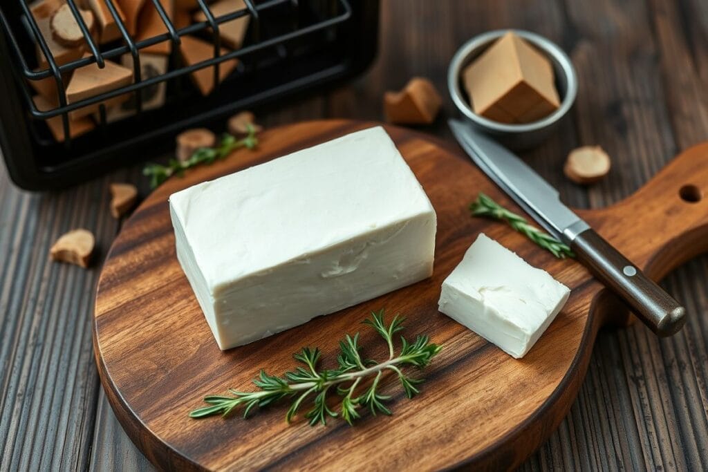 How to Smoke Cream Cheese: 3 Delicious Recipes You'll Love 2 Smoked cream cheese preparation with wood chips and herbs on a rustic wooden board.