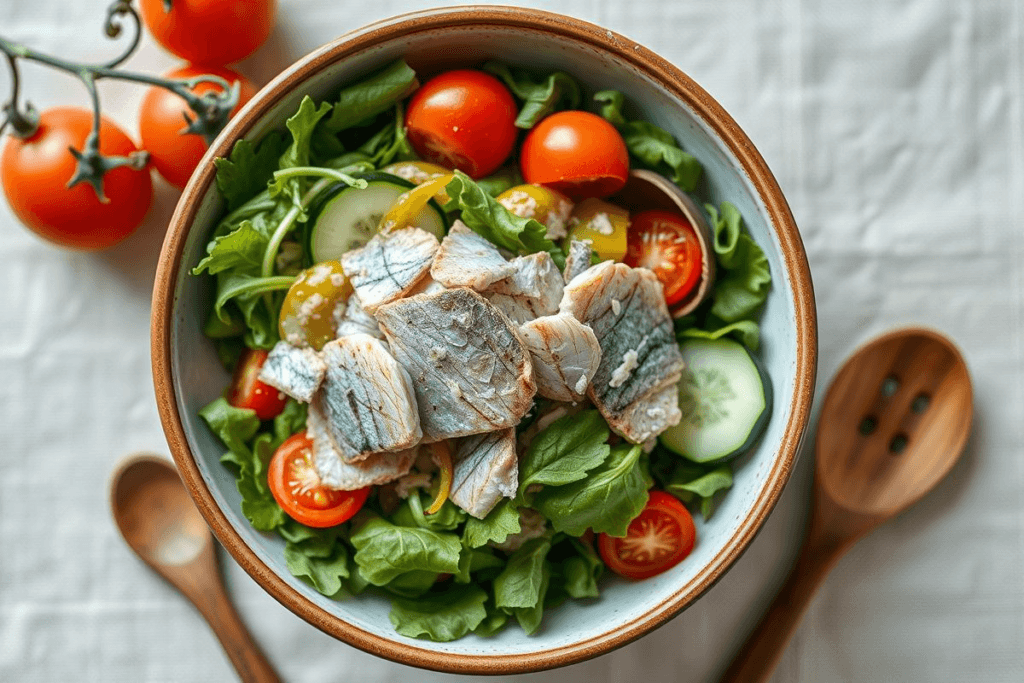 Mackerel Cold Smoked: Foolproof Guide to Making at Home 3 A salad bowl with cold-smoked mackerel flakes, mixed greens, cherry tomatoes, and cucumber slices.