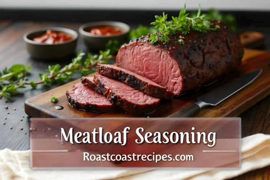 A close-up of a smoked beef sirloin tip roast, sliced and garnished with herbs, on a rustic wooden cutting board.