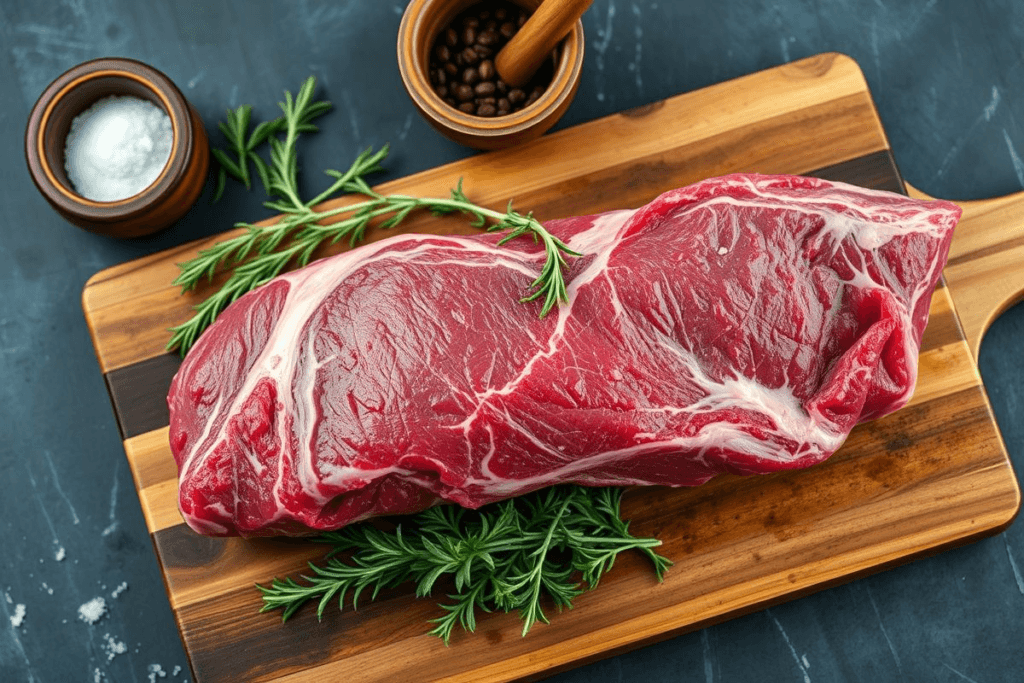 Beef Roast in a Smoker: 3 Easy Steps to Amazing Results 2 Raw beef roast prepared for smoking with fresh herbs and seasonings on a rustic wooden cutting board.