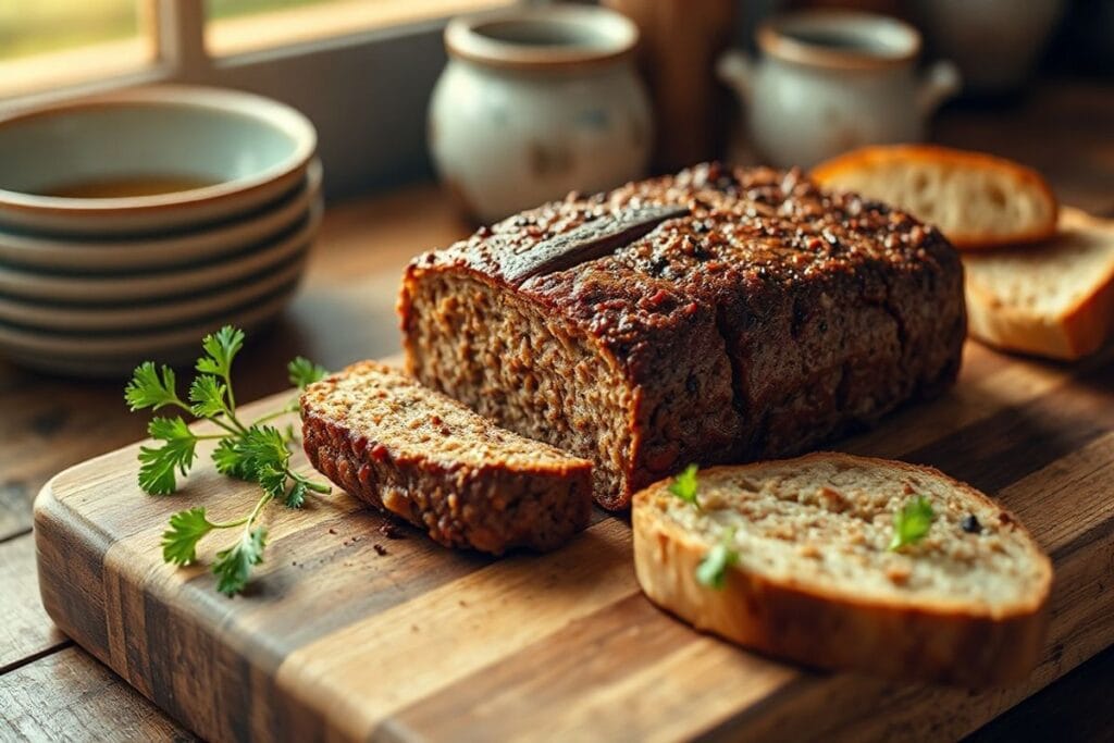 Homemade Meatloaf Seasoning: 5 Easy Recipes for Amazing Results 2 A close-up shot of a perfectly seasoned meatloaf on a rustic wooden cutting board, garnished with fresh parsley and served with a slice of crusty bread.