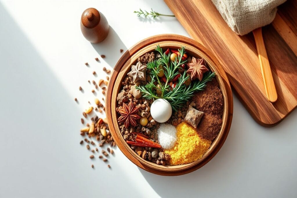 Homemade Meatloaf Seasoning: 5 Easy Recipes for Amazing Results 3 A beautifully arranged selection of fresh herbs, spices, and condiments for meatloaf seasoning, with a rustic wooden bowl and props.