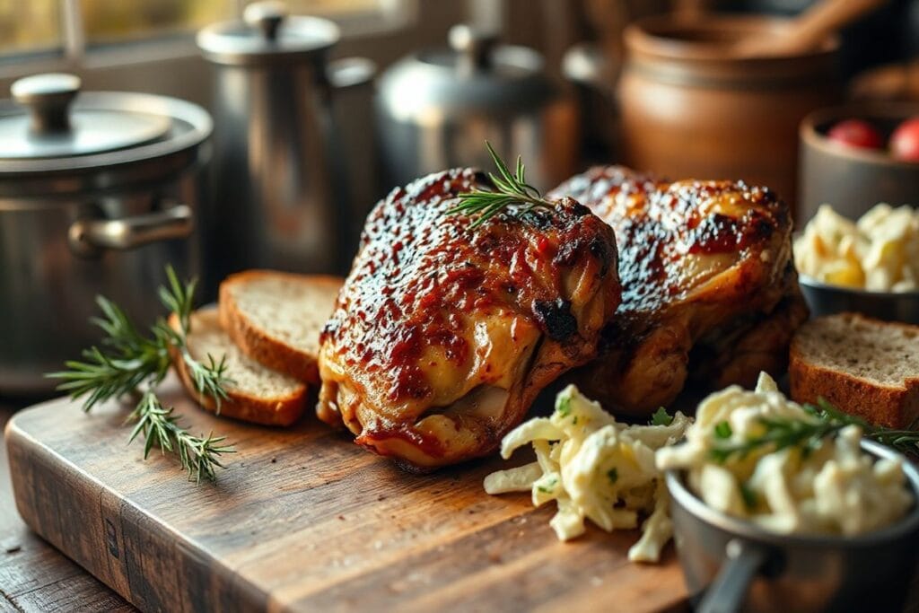 How to make Smoked Chicken Thighs: Unique, Perfect, New for 2025 4 Smoked chicken thighs, garnished with fresh herbs and served with crusty bread and coleslaw