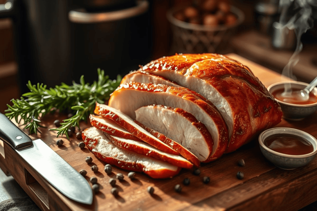 The Best Smoked Boneless Turkey Breast in 2025 4 Hyper-realistic photo of smoked boneless turkey breast with crispy skin, fresh herbs, and rustic props