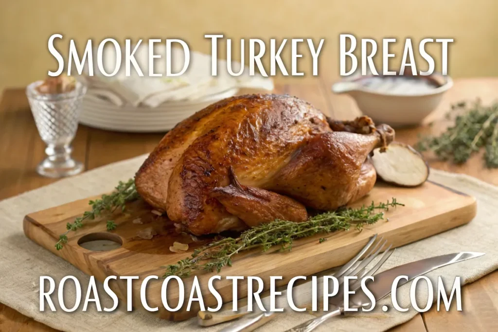 A beautifully smoked turkey breast with text overlay, highlighting its popularity and versatility at BBQs and outdoor events.