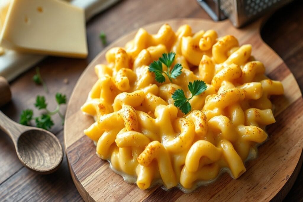 Smoked Mac and Cheese Recipe: A Must Try BBQ Guide 2 A photorealistic image of a smoked mac and cheese dish, served on a wooden board with fresh parsley and rustic utensils.