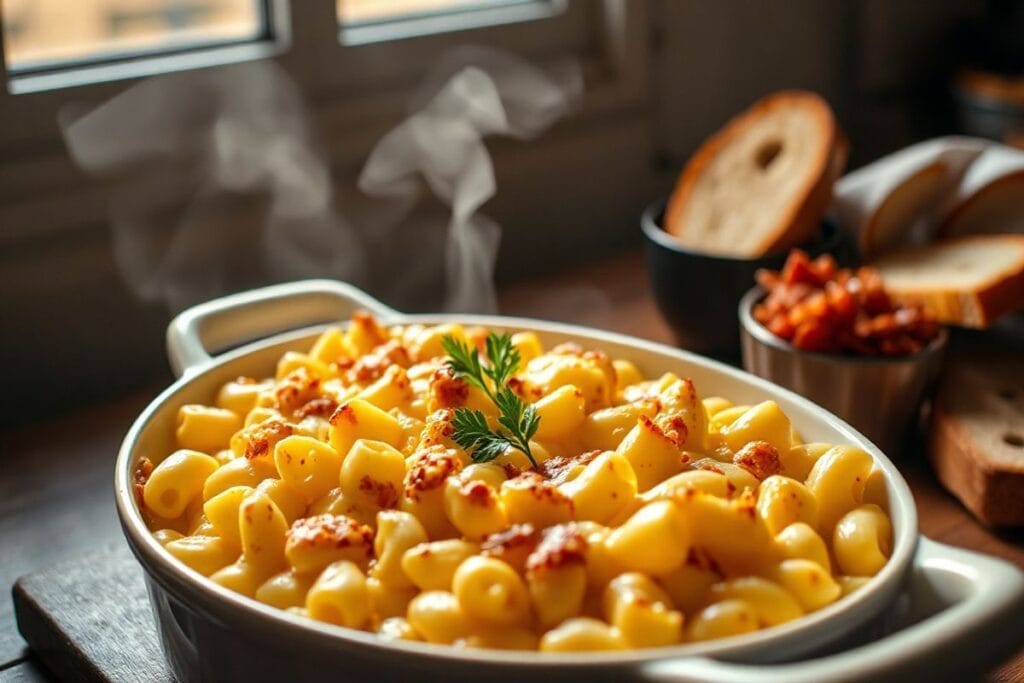 Smoked Mac and Cheese Recipe: A Must Try BBQ Guide 3 A beautifully styled serving dish filled with a creamy smoked macaroni and cheese, topped with crispy bacon and fresh parsley.