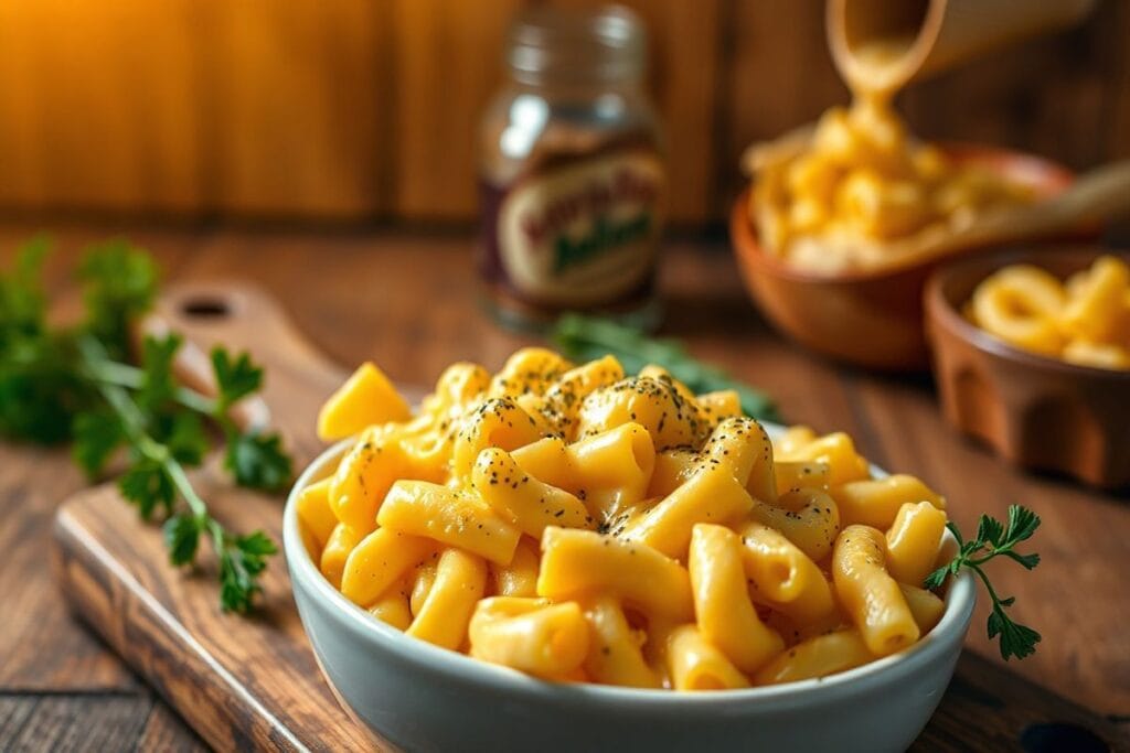 Smoked Mac and Cheese Recipe: A Must Try BBQ Guide 4 A beautifully styled dish of mac and cheese on a rustic wooden cutting board, with fresh herbs and a warm golden glow.
