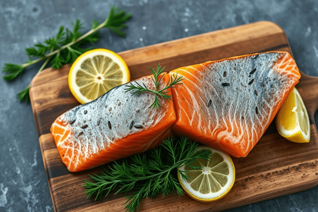 How to Smoke Fish in a Smoker: 4 Complete Success Recipes 2 Smoked salmon fillet with dill and lemon on a wooden cutting board, showcasing the art of smoking fish.