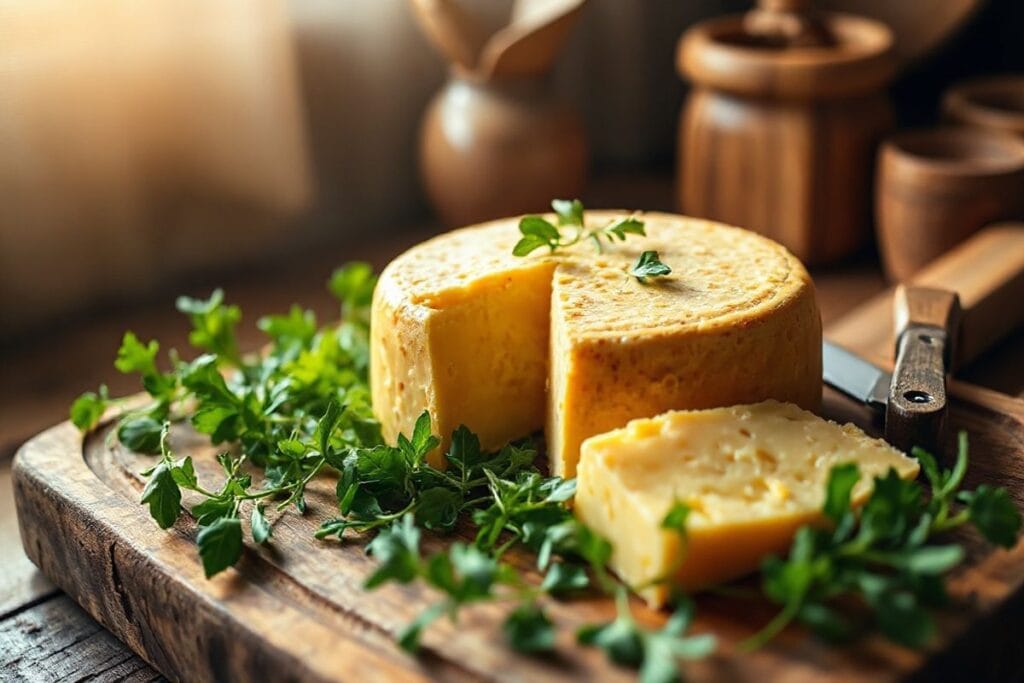 Amazing Smoked Gouda That Will Delight Every BBQ Lover Today 2 A close-up shot of smoked gouda cheese on a wooden cutting board with fresh arugula and rustic utensils.