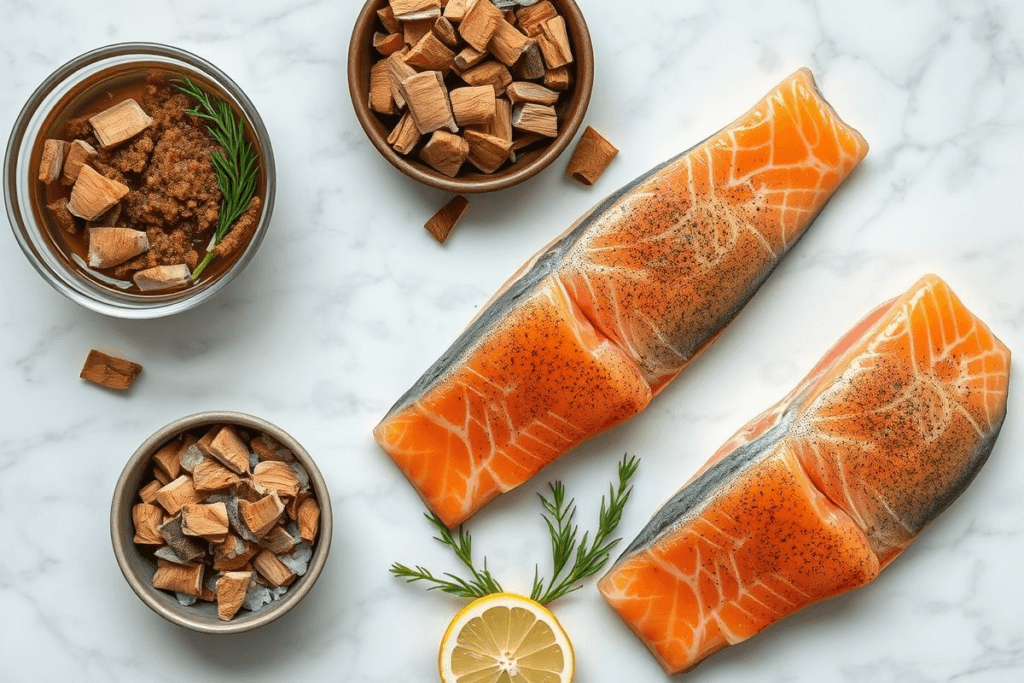 How to Smoke Fish in a Smoker: 4 Complete Success Recipes 3 Ingredients for smoking fish, including salmon fillets, brine, wood chips, and lemon slices.