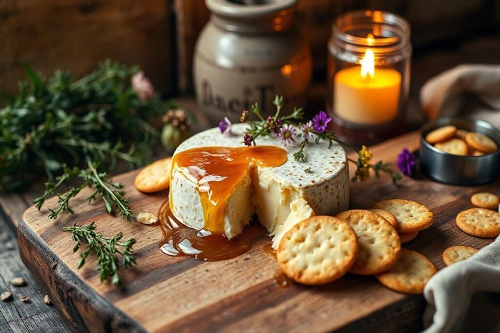 Amazing Smoked Gouda That Will Delight Every BBQ Lover Today 3 A beautifully styled wooden cutting board with Smoked Gouda, fresh herbs, and edible flowers, set against a warm, rustic backdrop.
