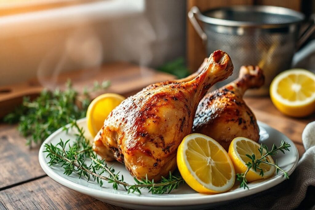 Smoked Chicken Legs That Will Amaze Every BBQ Lover Today 2 A plate of smoked chicken legs with fresh thyme and lemon slices on a rustic wooden cutting board.