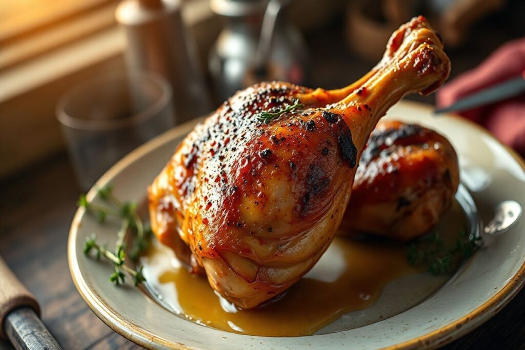 Smoked Chicken Legs That Will Amaze Every BBQ Lover Today 3 A smoked chicken leg with fresh thyme and honey, photographed in a rustic kitchen setting.