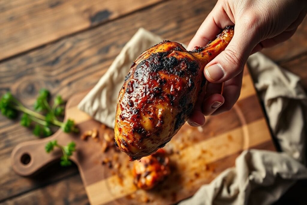 Smoked Chicken Legs That Will Amaze Every BBQ Lover Today 4 Close-up of a smoked chicken leg being devoured on a rustic wooden cutting board