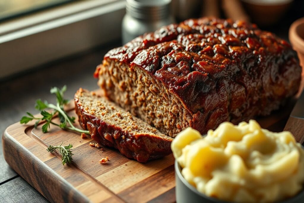 The Best Smoked Meatloaf Recipe Perfect for 2025: Tender & Unique 2 A photo of a smoked meatloaf on a wooden cutting board with mashed potatoes and fresh herbs