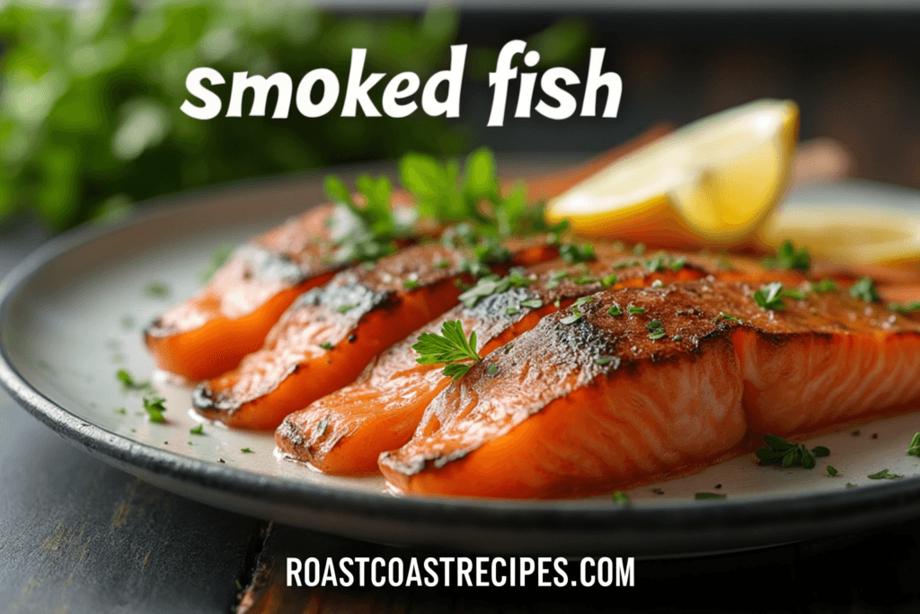 Master These Smoked Fish Recipes Like a Professional Chef 4 A beautifully arranged plate of smoked fish, with a slice of lemon and a sprinkle of fresh parsley, featuring the keyword "smoked fish" in white Helvetica font.