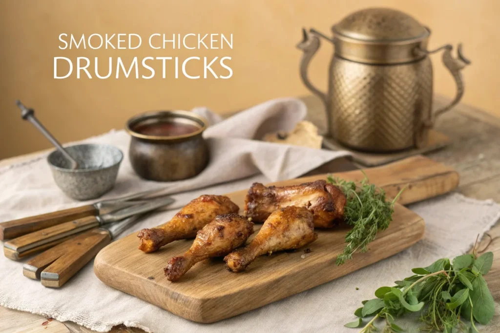 A mouth-watering image of smoked chicken drumsticks served on a rustic wooden cutting board, with a focus on the keyword "smoked chicken drumsticks".
