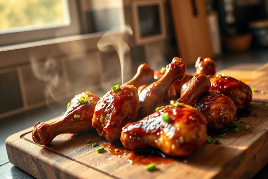 3 Ways to Master Smoked Gochujang Chicken Drumsticks at Home 3 A close-up shot of smoked gochujang chicken drumsticks being prepared on a rustic wooden cutting board.