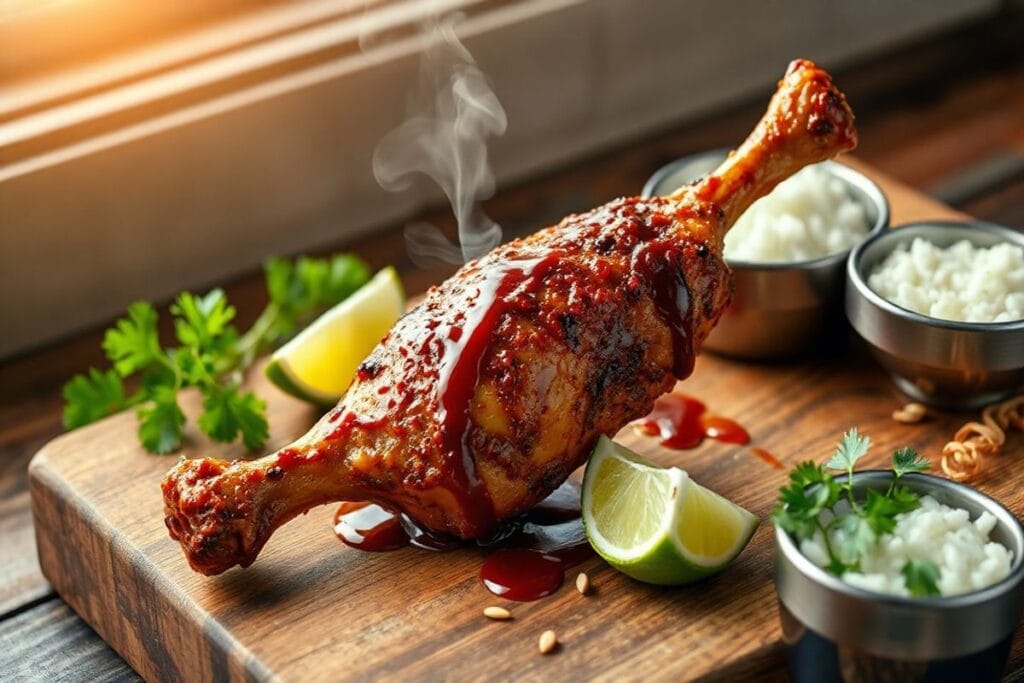 3 Ways to Master Smoked Gochujang Chicken Drumsticks at Home 4 A close-up shot of smoked gochujang chicken drumsticks on a wooden cutting board, surrounded by fresh ingredients and garnishes.