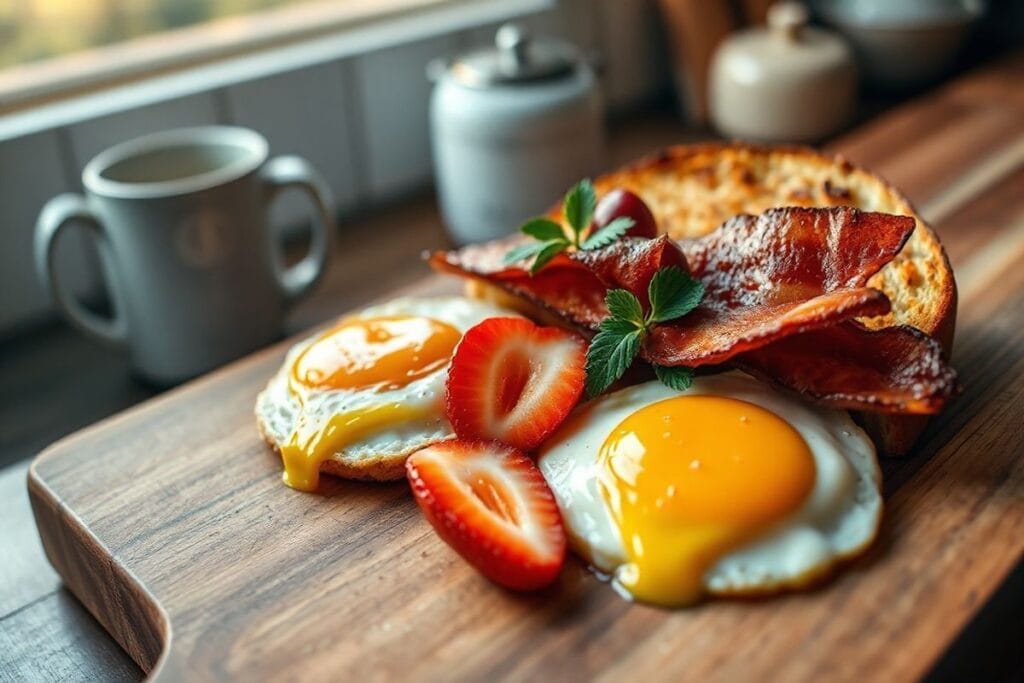 Master These Smoked Fish Recipes Like a Professional Chef 4 A beautifully styled breakfast dish featuring fresh strawberries, crispy bacon, and golden brown toast, arranged on a rustic wooden cutting board.