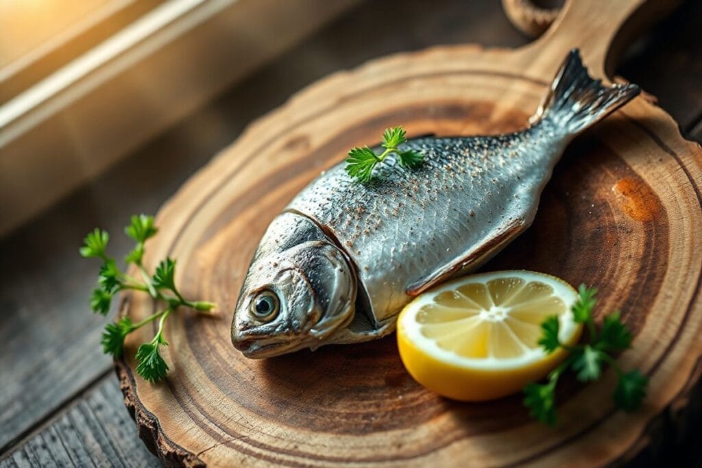 Master These Smoked Fish Recipes Like a Professional Chef 2 A beautifully presented plate of smoked fish, garnished with fresh parsley and lemon, served on a rustic wooden board.