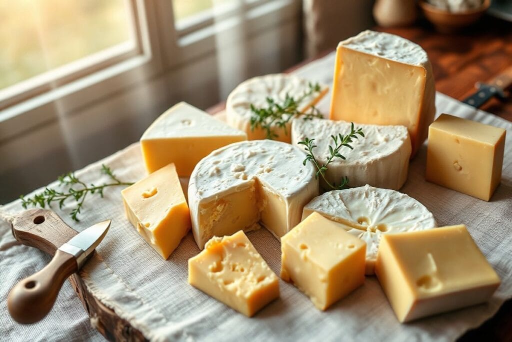 5 Simple Recipes That Showcase the Best Gouda Cheese Perfectly 2 A beautifully arranged selection of artisanal Gouda cheeses on a rustic linen tablecloth, with fresh thyme and a wooden cheese knife.