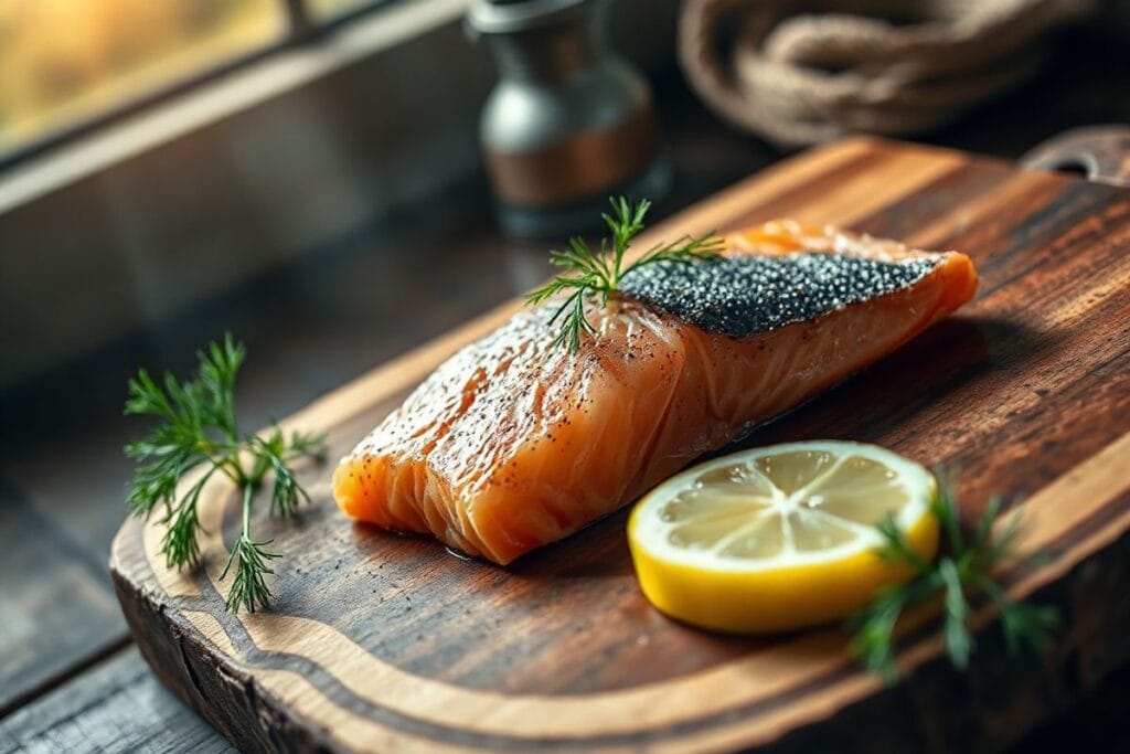 Master These Smoked Fish Recipes Like a Professional Chef 3 A beautifully presented smoked salmon fillet on a rustic wooden cutting board, garnished with fresh dill and lemon.