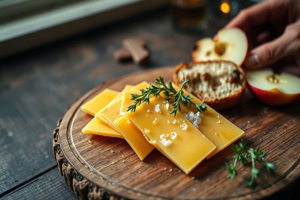 5 Simple Recipes That Showcase the Best Gouda Cheese Perfectly 3 A beautifully arranged plate of sliced Gouda cheese, crusty bread, and apple, garnished with fresh thyme and sea salt, on a rustic wooden board.