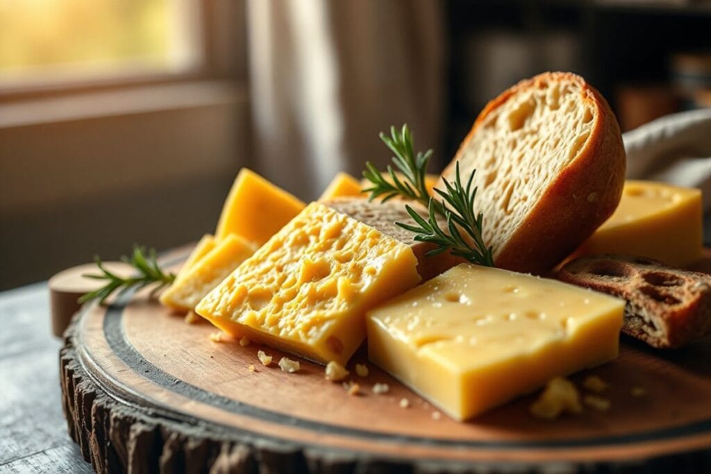 5 Simple Recipes That Showcase the Best Gouda Cheese Perfectly 4 A beautifully arranged Gouda cheese platter with rustic wooden board, rosemary, and crusty bread