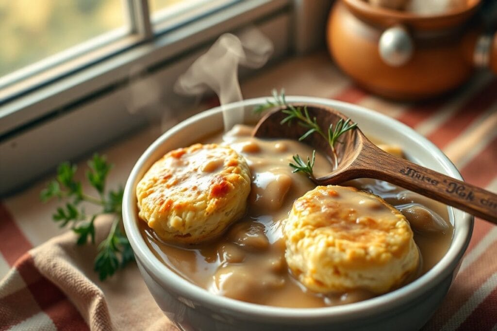 3 Simple Crock Pot Biscuits and Gravy Methods That Make A Master 2 A steaming bowl of Crock Pot biscuits and gravy, garnished with fresh herbs and set against a rustic backdrop.
