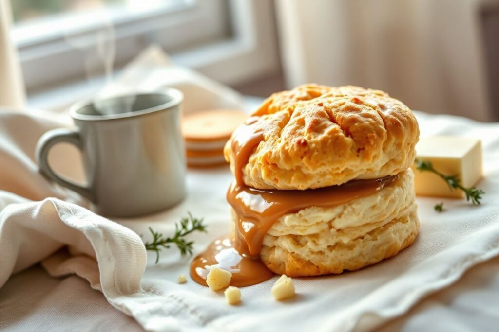 3 Simple Crock Pot Biscuits and Gravy Methods That Make A Master 4 Freshly baked Crock Pot biscuits and savory gravy on a crisp white linen tablecloth, with steaming hot coffee and a pat of creamy butter nearby.