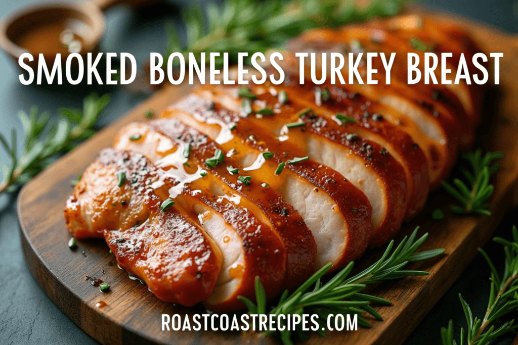 Perfectly smoked boneless turkey breast with herbs and honey glaze on a rustic cutting board.