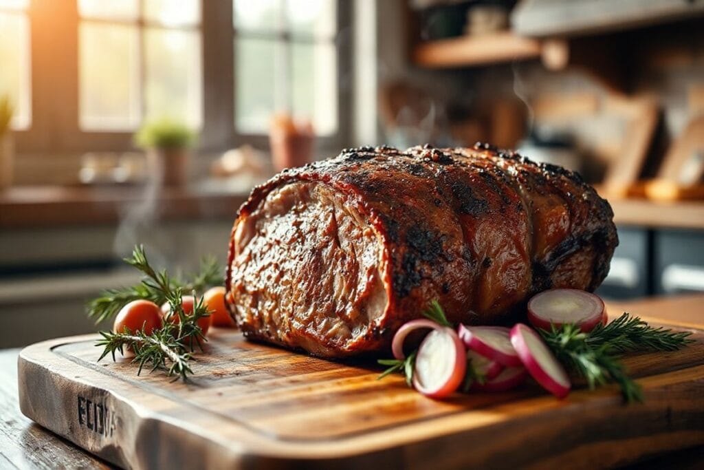 Create a Stunning Smoked Beef Roast in 3 Simple Steps for any Occasion! 2 Smoked Beef Roast on a wooden cutting board with rosemary and red onions
