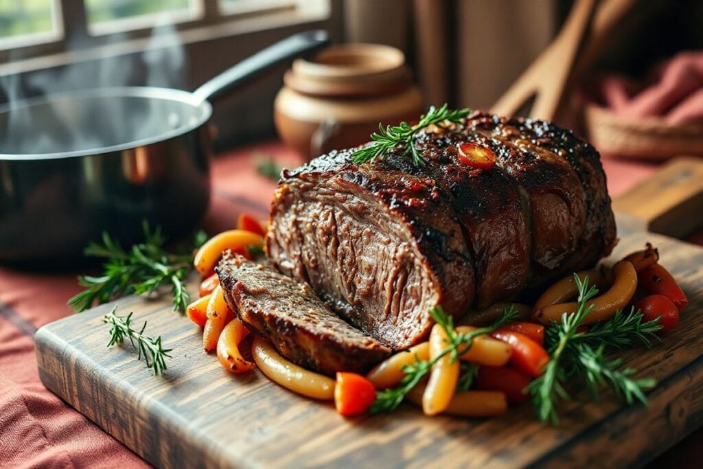 Create a Stunning Smoked Beef Roast in 3 Simple Steps for any Occasion! 3 A beautifully presented smoked beef roast with fresh herbs and a rustic wooden cutting board