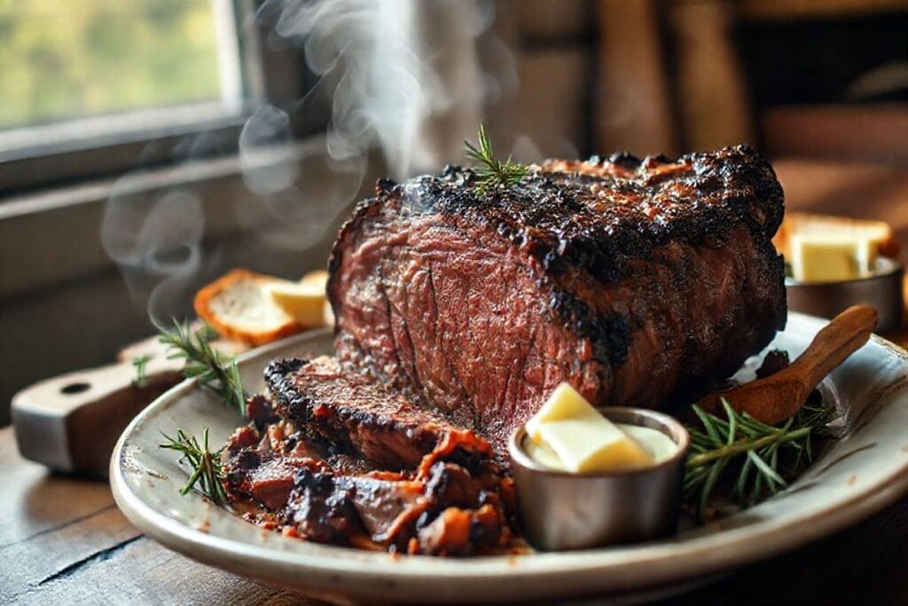 Create a Stunning Smoked Beef Roast in 3 Simple Steps for any Occasion! 4 Delicious smoked beef roast with rosemary and crusty bread, served on a wooden cutting board